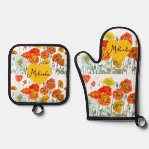 Rote Orange Mohnblumen Aquarell Frauenname Ofenhandschuh & Topflappen-Set