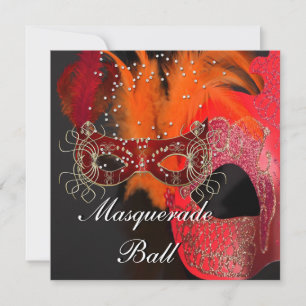 Rote Orange Schwarze Masken Maskenball-Party Einladung