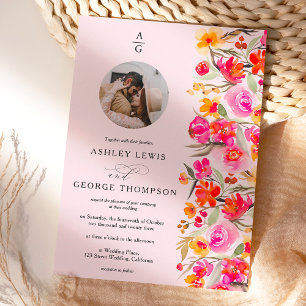 Rote orangefarbene Blumeninitialen Foto Hochzeit Einladung