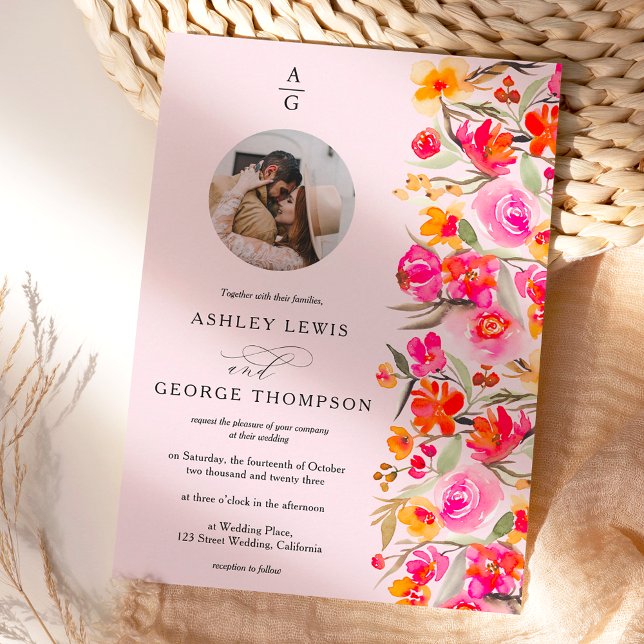 Rote orangefarbene Blumeninitialen Foto Hochzeit Einladung (Von Creator hochgeladen)