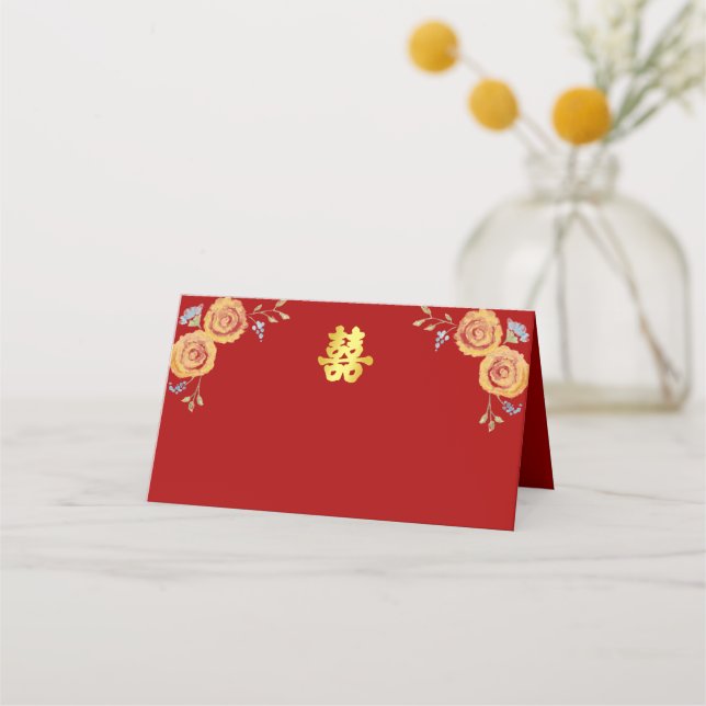 Rote Orangenblüte Chinesische Hochzeit doppeltes G Platzkarte (Vorderseite)