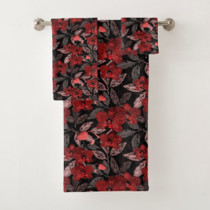 Rote Orchideen auf schwarz. Badhandtuch Set