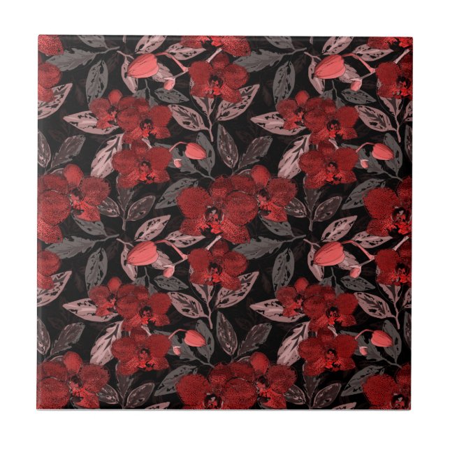 Rote Orchideen auf schwarz. Fliese (Vorderseite)