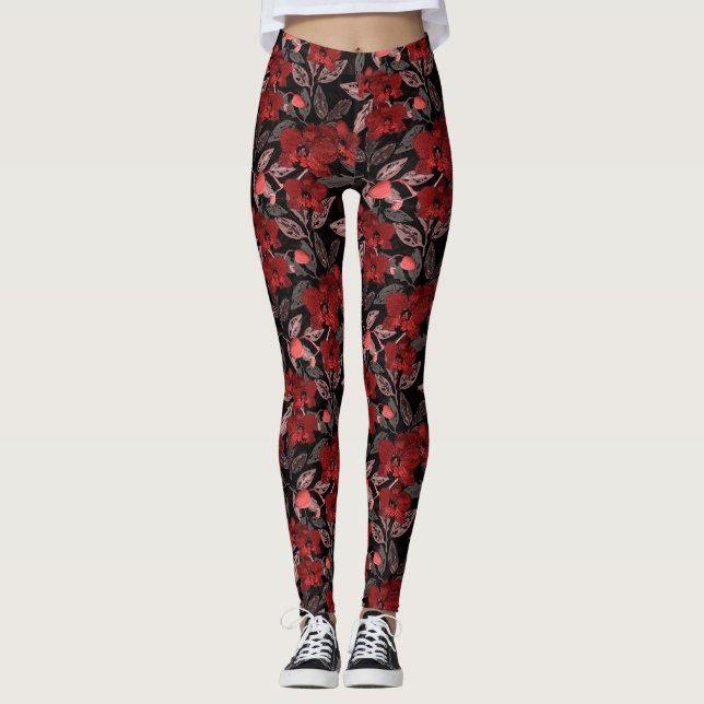 Rote Orchideen auf schwarz. Leggings (Vorderseite)