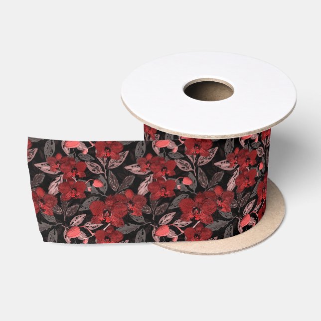 Rote Orchideen auf schwarz. Satinband (Spule)