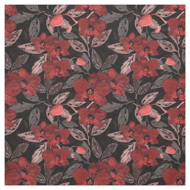 Rote Orchideen auf schwarz. Stoff (Muster)