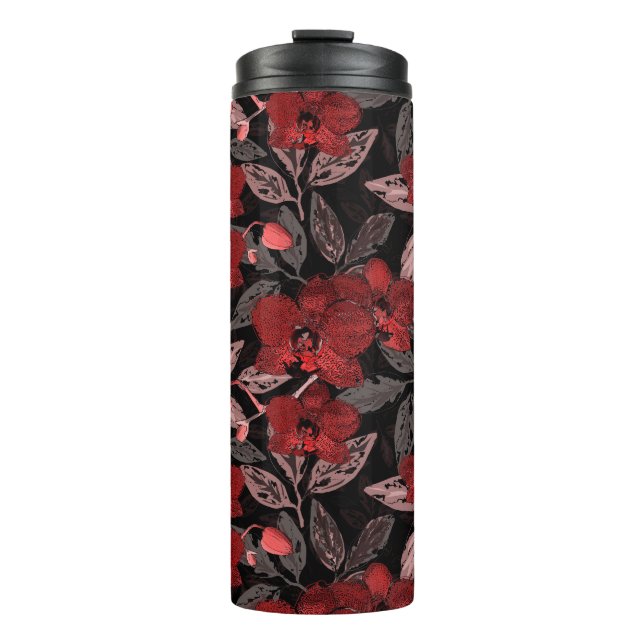 Rote Orchideen auf schwarz. Thermosbecher (Vorderseite)