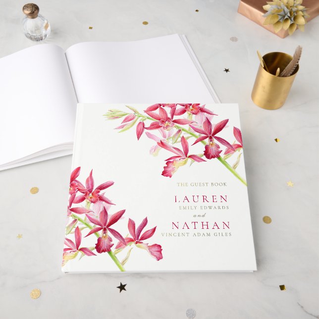 Rote Orchideenhochzeit Blume Aquarellfarben Gästebuch (Vorderseite Offen)