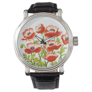 Rote orientalische Mohnblumen-Blumen-Uhr Armbanduhr