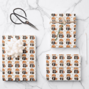Rote Pandas aus Aquarellen auf Off White Geschenkpapier Set