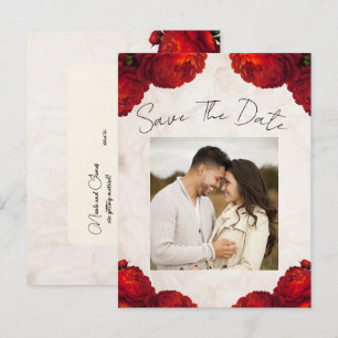 Rote Päonien-Blumen Vintage Hochzeitstermin-Vorank Ankündigungspostkarte