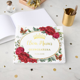 Rote Päonien Florale Schmetterlinge Quinceanera Go Gästebuch