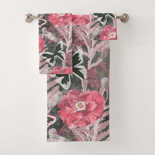 Rote Pappkuchen. Farbenfroher Blumendruck. Badhandtuch Set (Insitu)