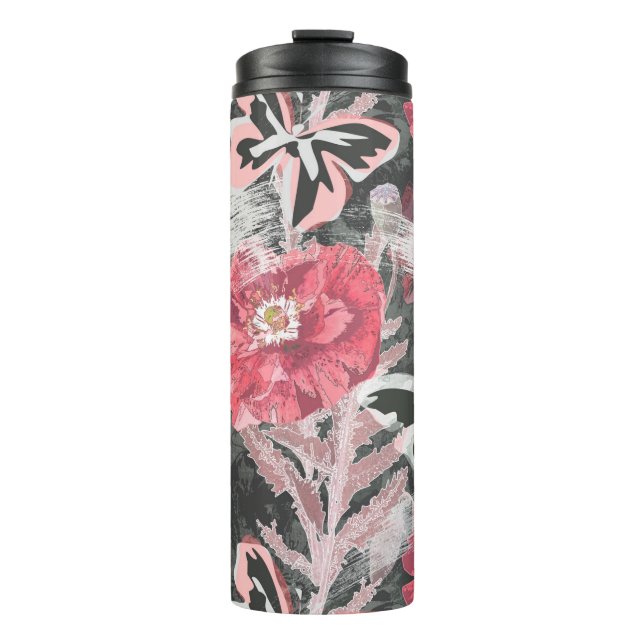 Rote Pappkuchen. Farbenfroher Blumendruck. Thermosbecher (Vorderseite)