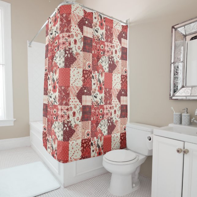 Rote Patchworkdecke Rustikal Floral Retro Duschvorhang (Beispiel)