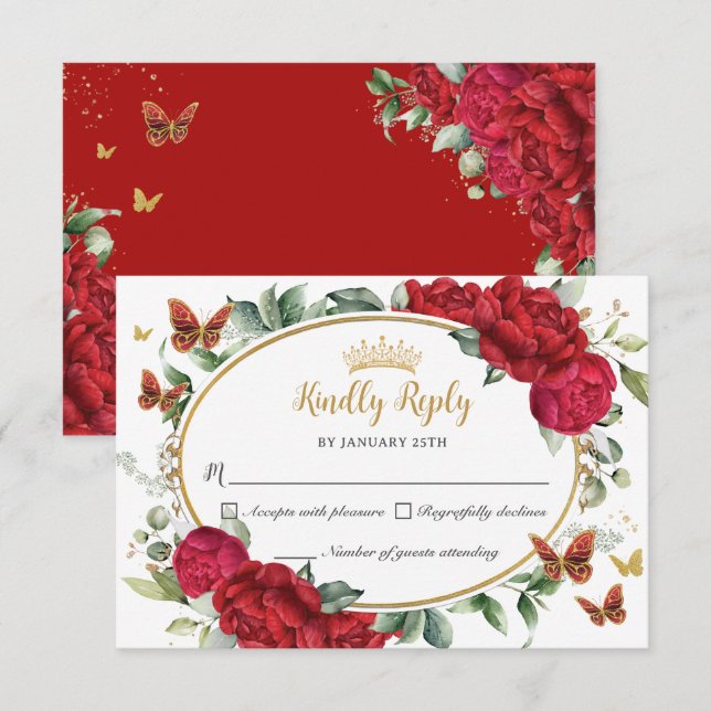 Rote Peonies Blume Butterfets Quinceañera RSVP Karte (Vorne/Hinten)