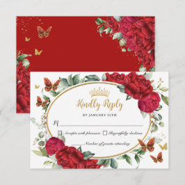 Rote Peonies Blume Butterfets Quinceañera RSVP Karte