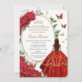 Rote Peonies Blumenpraxen Kleid Quinceañera Einladung