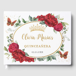 Rote Peonies Floral Butterfells Gold Quinceanera Gästebuch