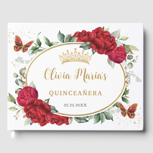 Rote Peonies Floral Butterfells Gold Quinceanera Gästebuch (Vorderseite)