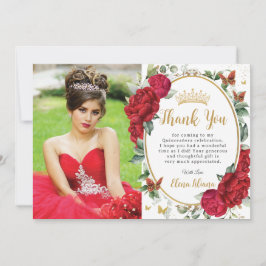 Rote Peonies Floral Butterfliegen Quinceañera Foto Dankeskarte