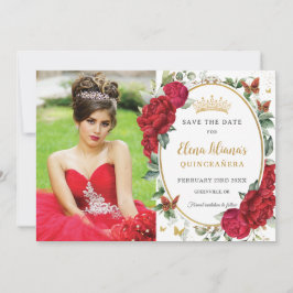 Rote Peonies Floral Butterfliegen Quinceañera Foto Save The Date