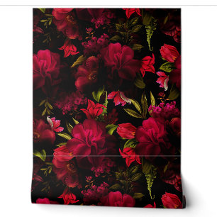 Rote Peonings und Rose Mystische dunkle Moody-Flor Tapete