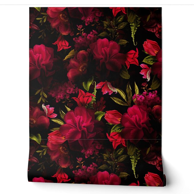Rote Peonings und Rose Mystische dunkle Moody-Flor Tapete (Abrollen)