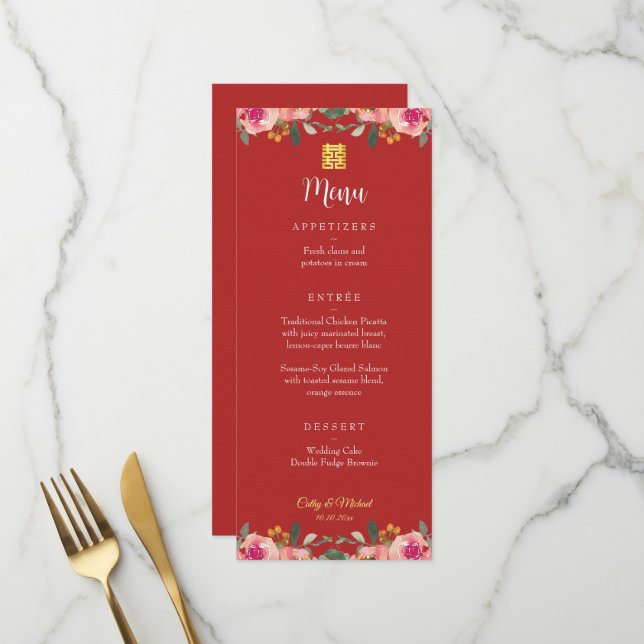 Rote Perle Blütenzeit Chinesische Hochzeit doppelt Menükarte (Vorderseite/Rückseite Beispiel)