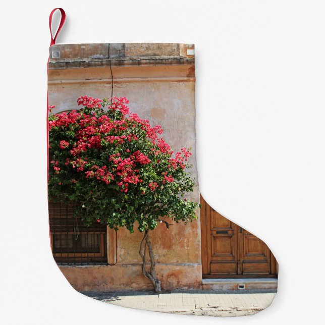 ROTE PETAL-BLUME AUF KONKRETER WAND KLEINER WEIHNACHTSSTRUMPF (Vorderseite)
