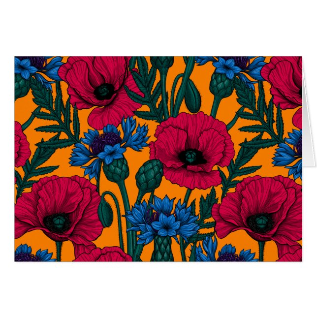 Rote Pfeffer und blaue Kornblumen auf Orange (Vorderseite (Horizontal))