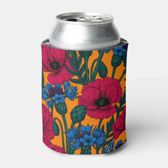 Rote Pfeffer und blaue Kornblumen auf Orange Dosenkühler (Kanne Vorderseite)