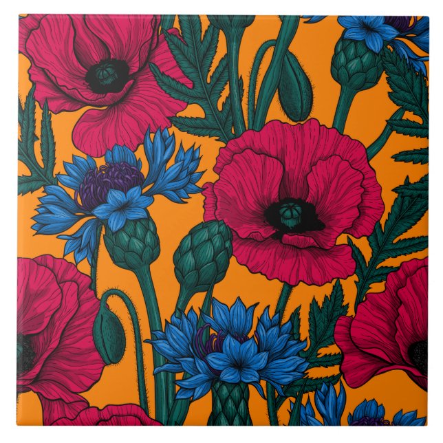 Rote Pfeffer und blaue Kornblumen auf Orange Fliese (Vorderseite)