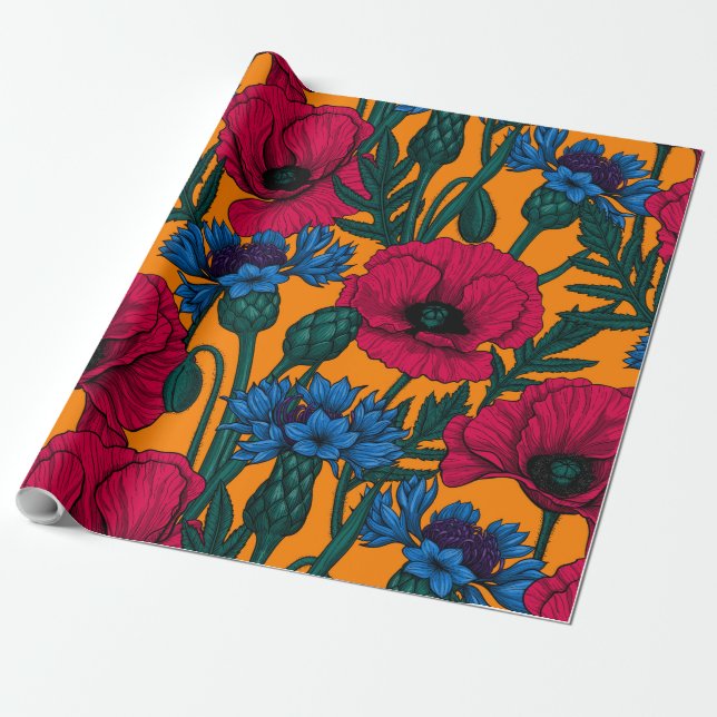 Rote Pfeffer und blaue Kornblumen auf Orange Geschenkpapier (Ungerollt)