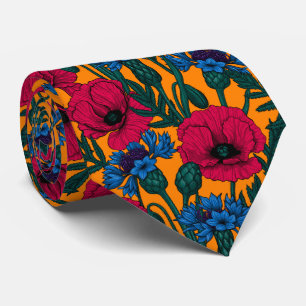 Rote Pfeffer und blaue Kornblumen auf Orange Krawatte