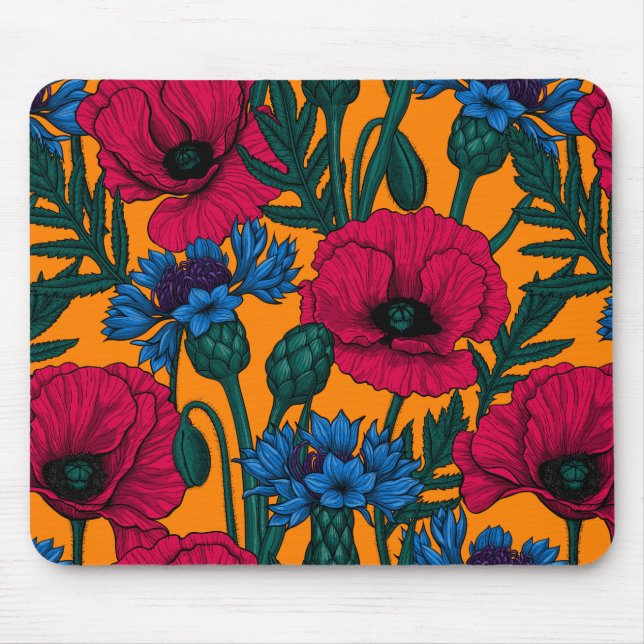 Rote Pfeffer und blaue Kornblumen auf Orange Mousepad (Vorne)