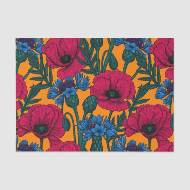 Rote Pfeffer und blaue Kornblumen auf Orange Seidenpapier (Vorderseite)