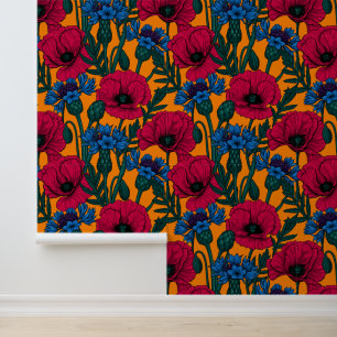 Rote Pfeffer und blaue Kornblumen auf Orange Tapete