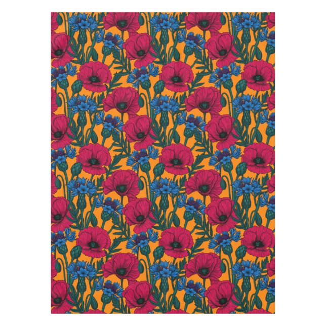 Rote Pfeffer und blaue Kornblumen auf Orange Tischdecke (Vorderseite)