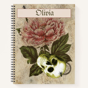 Rote Pfingstrose-Steampunk-Totenkopf-Ephemere Notizbuch