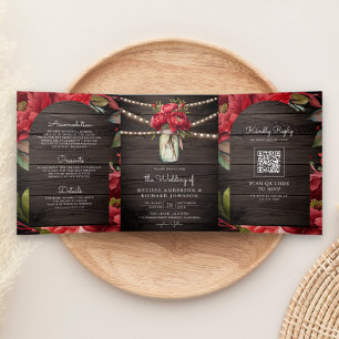 Rote Pfingstrosen-Blumen-Mason-Glas-QR-Code-Hochze Dreifach Gefaltete Einladung