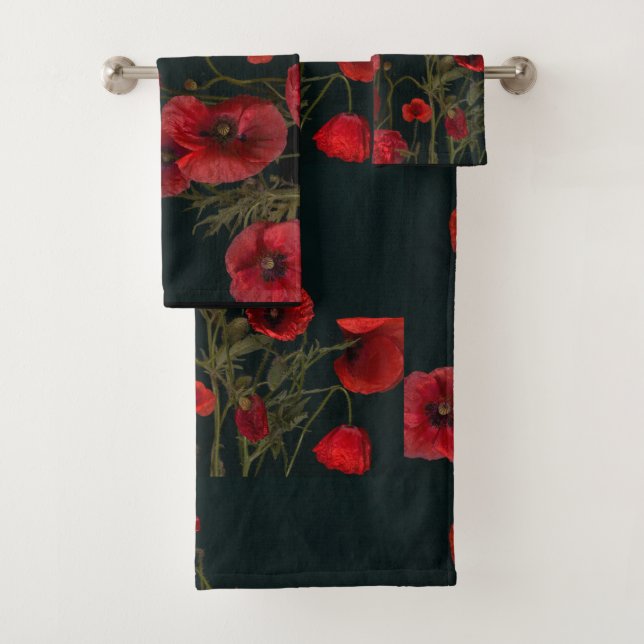 Rote Pflaumen auf schwarz Badhandtuch Set (Insitu)