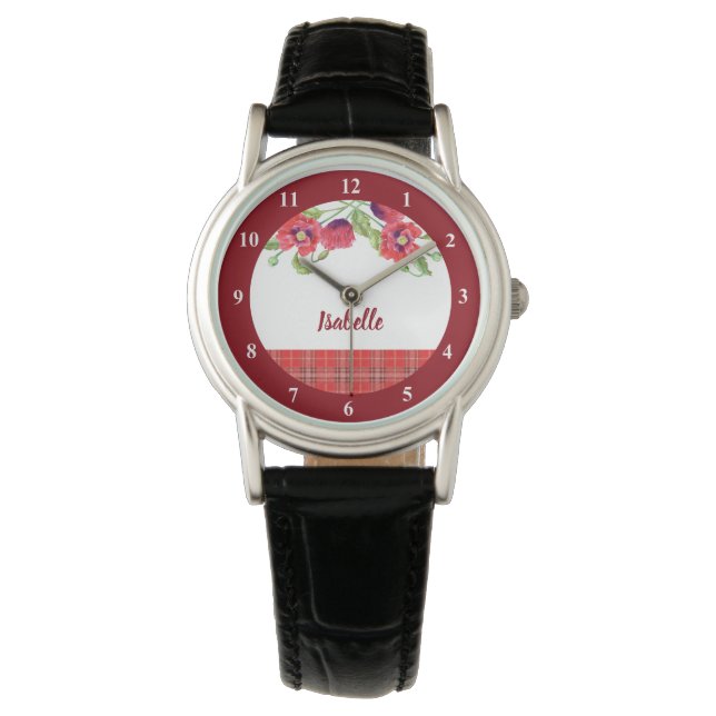 Rote Pflaumen Blumenmuster Tartan Muster Armbanduhr (Vorderseite)