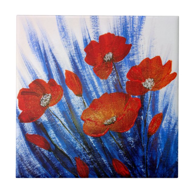 Rote Pflaumen im blauen Gras Fliese (Vorderseite)