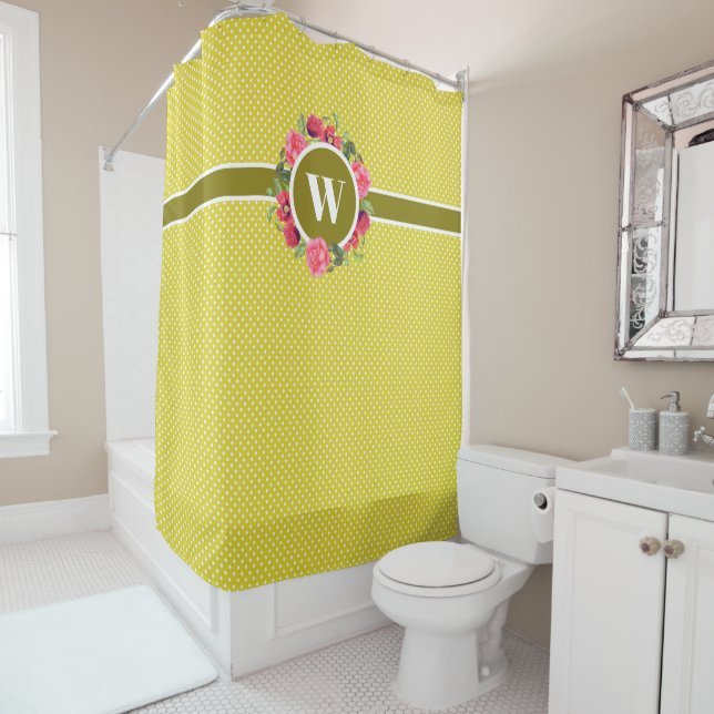 Rote Pflaumen, rosa Rosen, Kraut-Monogramm Duschvorhang (Beispiel)