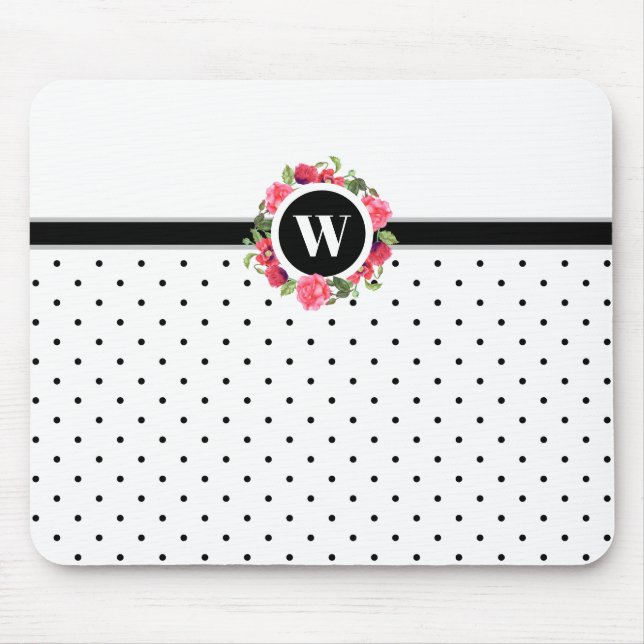 Rote Pflaumen, rosa Rosen, Monogramm Mousepad (Vorne)