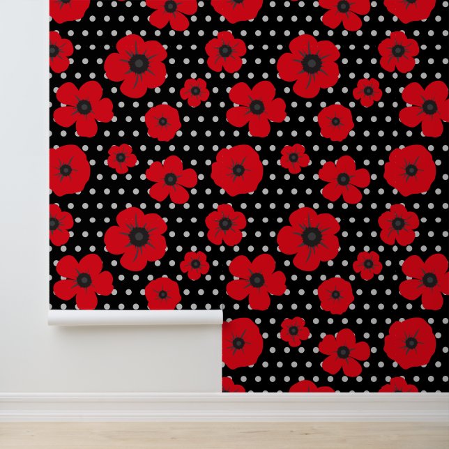 Rote Pflaumen und Polka Dots Moderne Blumenpracht Tapete (Anwendung)