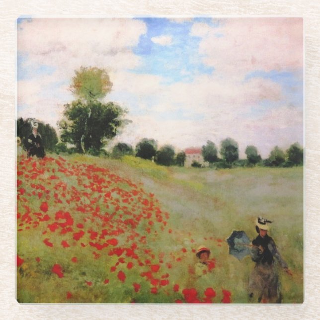 Rote Pflaumen von Monet - Mohnfeld Parasol-Frau Glasuntersetzer (Vorderseite)