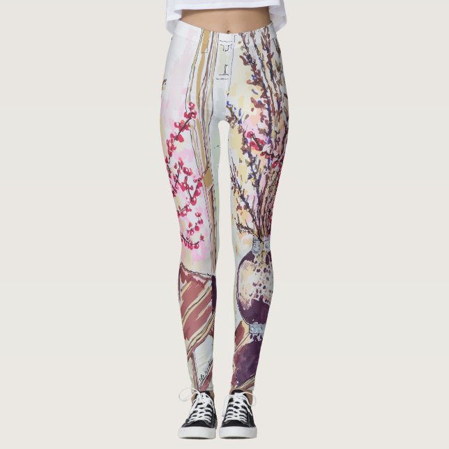 Rote Pflaumenblüten Leggings (Vorderseite)