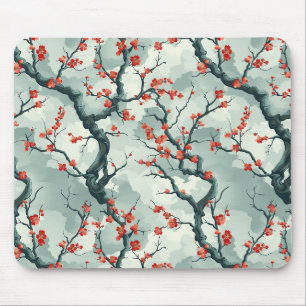Rote Pflaumenblüten-Sage-Grün-Tusche-Waschmuster Mousepad